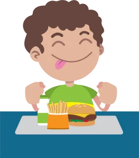 Delightful Lunch Clipart: Cheerful Boy Enjoying Fast Food Meal with Excitement