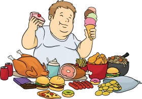 Indulgent Feast Clipart: A Comical Illustration of Overeating and Food Variety