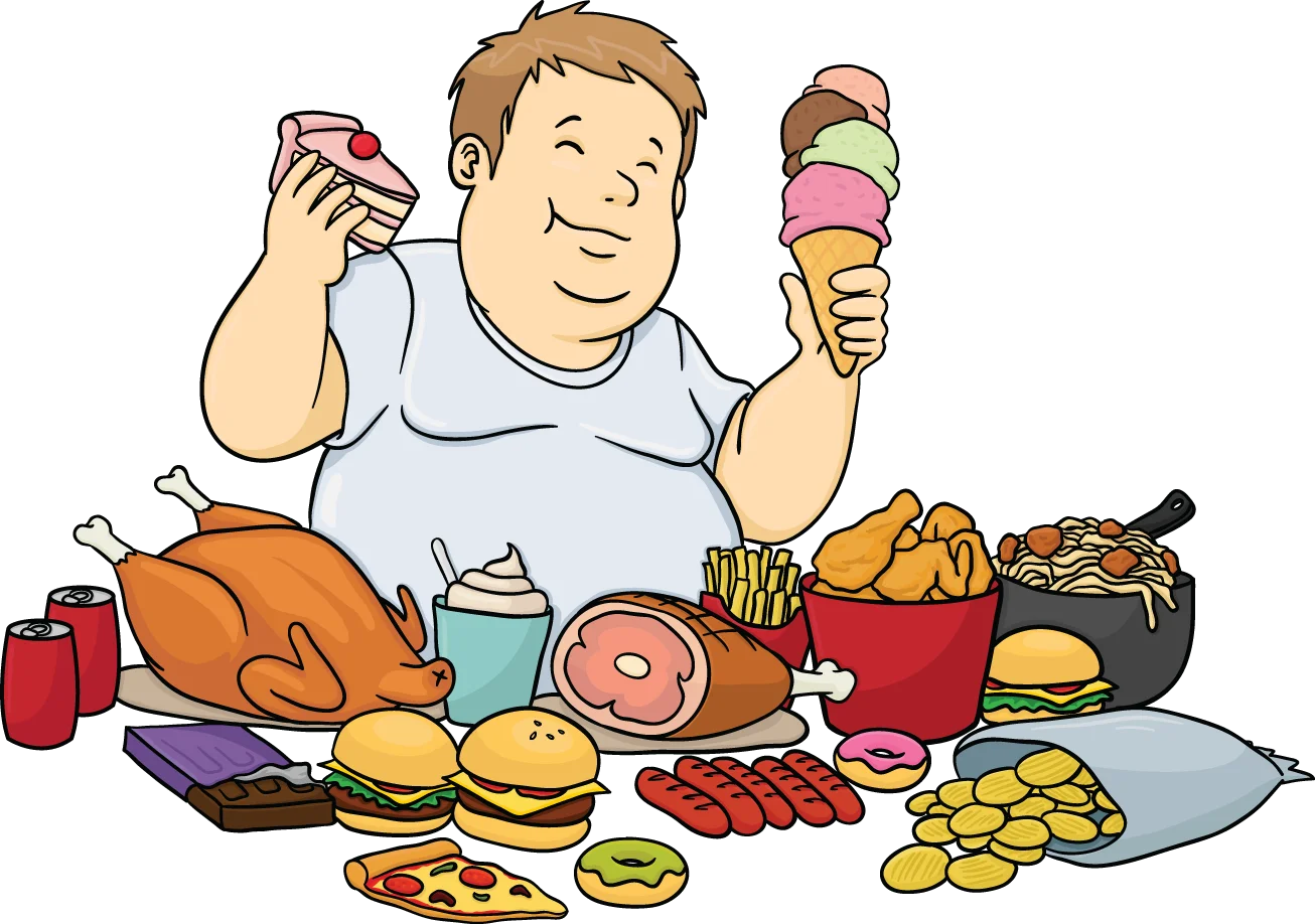 Indulgent Feast Clipart: A Comical Illustration of Overeating and Food Variety