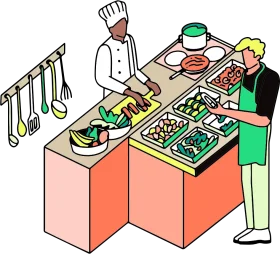 Professional Kitchen Staff Preparing Lunch with Fresh Ingredients Clipart Illustration