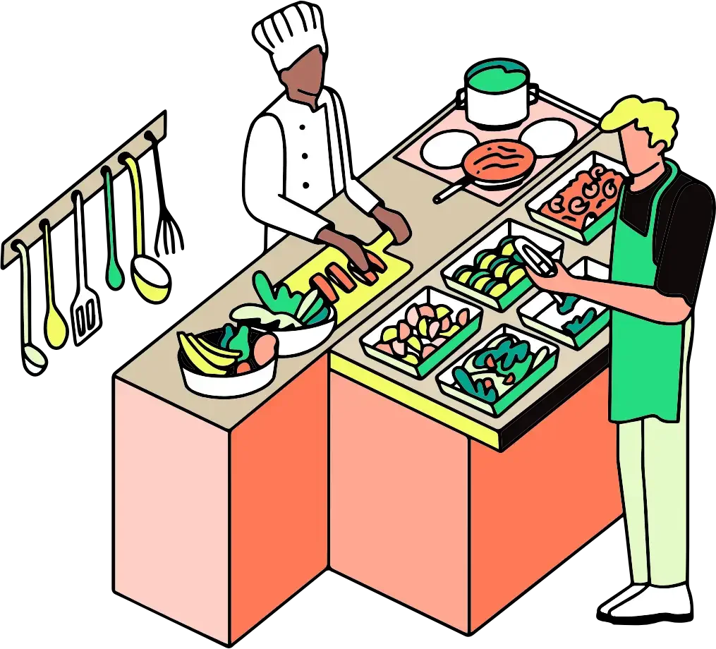 Professional Kitchen Staff Preparing Lunch with Fresh Ingredients Clipart Illustration