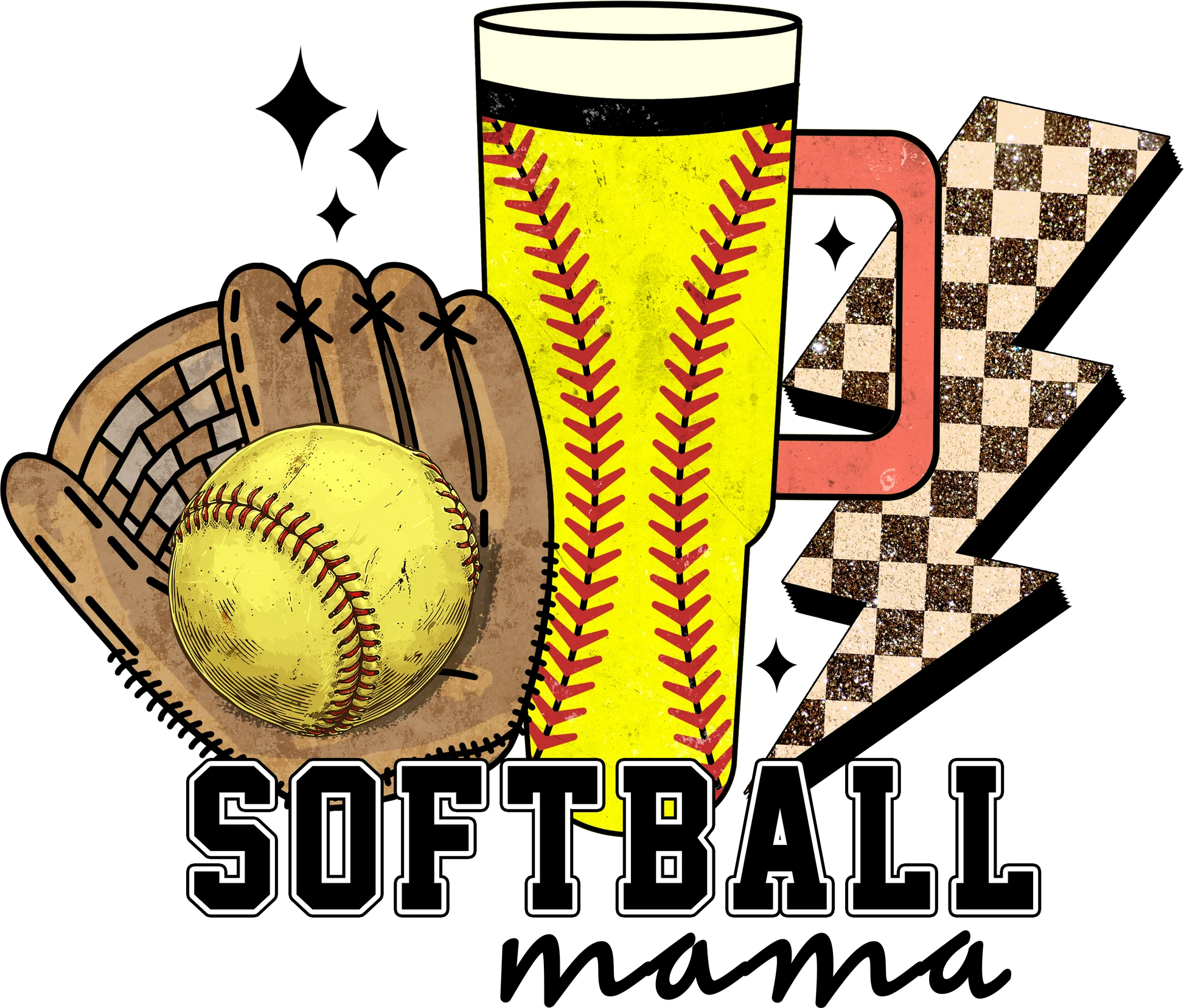 Spirited Softball Mama Clipart Design with Glove, Ball, and Checkerboard Accent