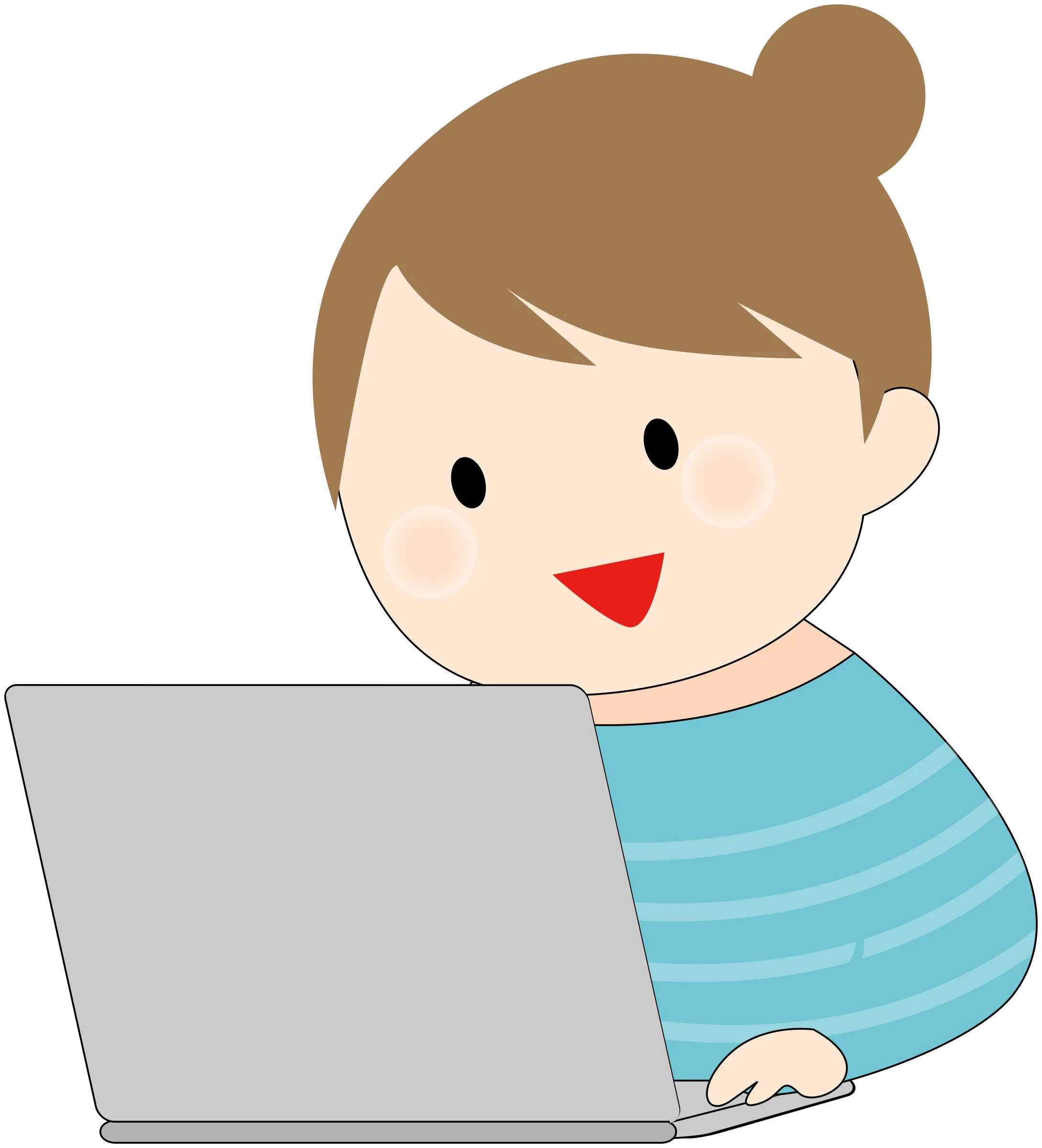 Cheerful Woman Working on Laptop Clipart with Friendly Expression and Blue Striped Shirt