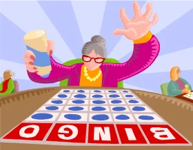 Energetic Senior Player Enjoying Classic Bingo Game Clipart Illustration