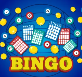 Exciting Bingo Clipart Design with Colorful Balls and Game Cards on Blue Background