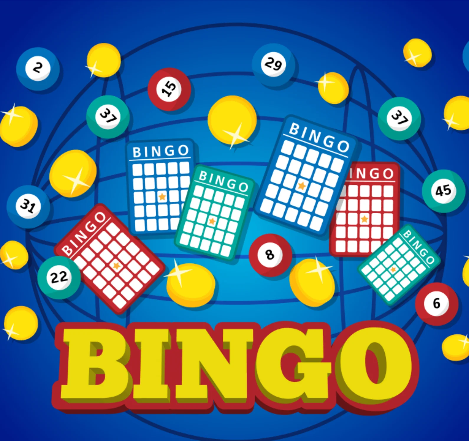 Exciting Bingo Clipart Design with Colorful Balls and Game Cards on Blue Background