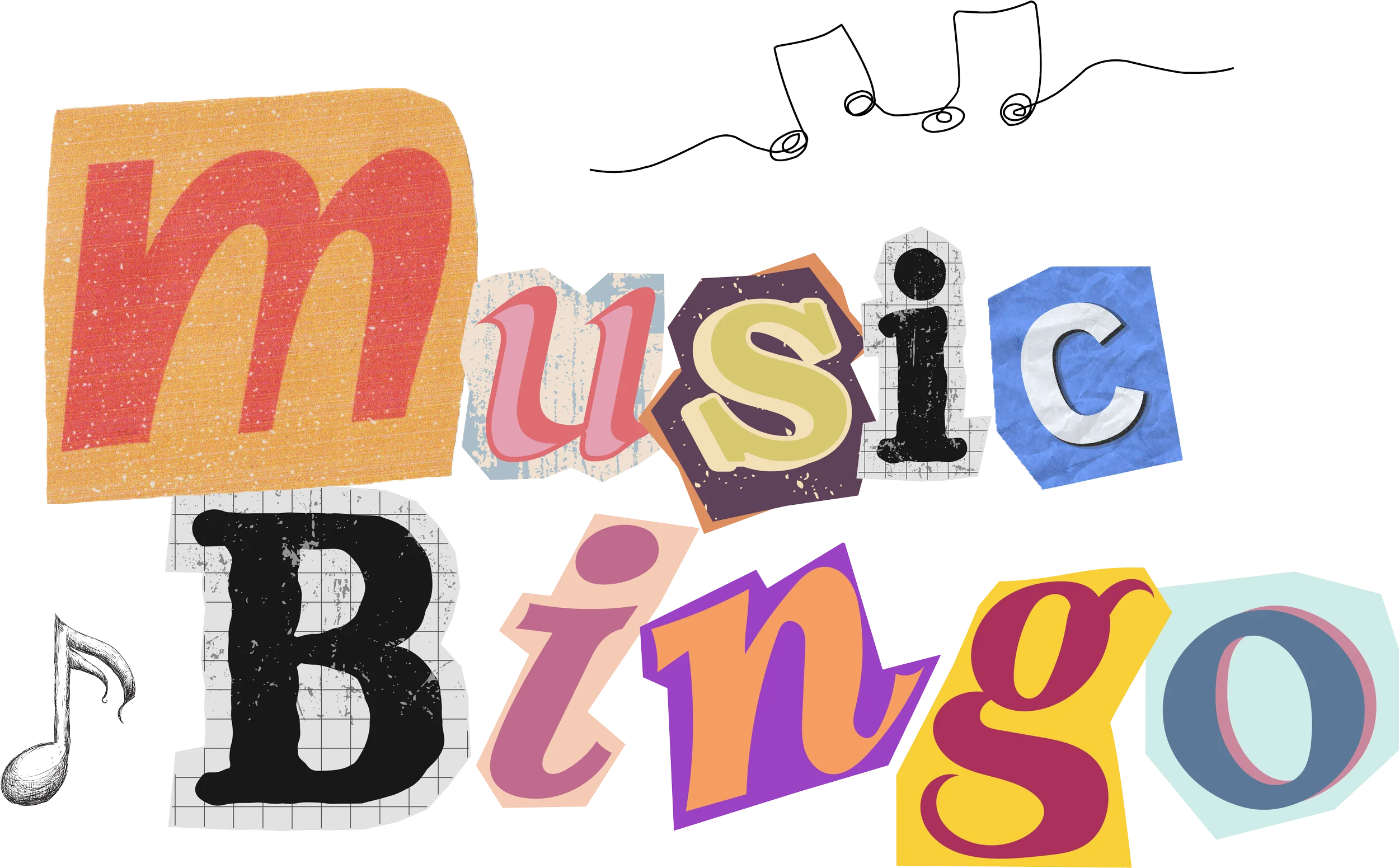 Playful Music Bingo Clipart: Colorful Letters and Musical Notes Collage Design