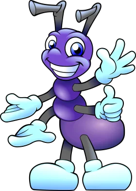 Cheerful Purple Cartoon Ant Clipart with Playful Gesture and Friendly Smile