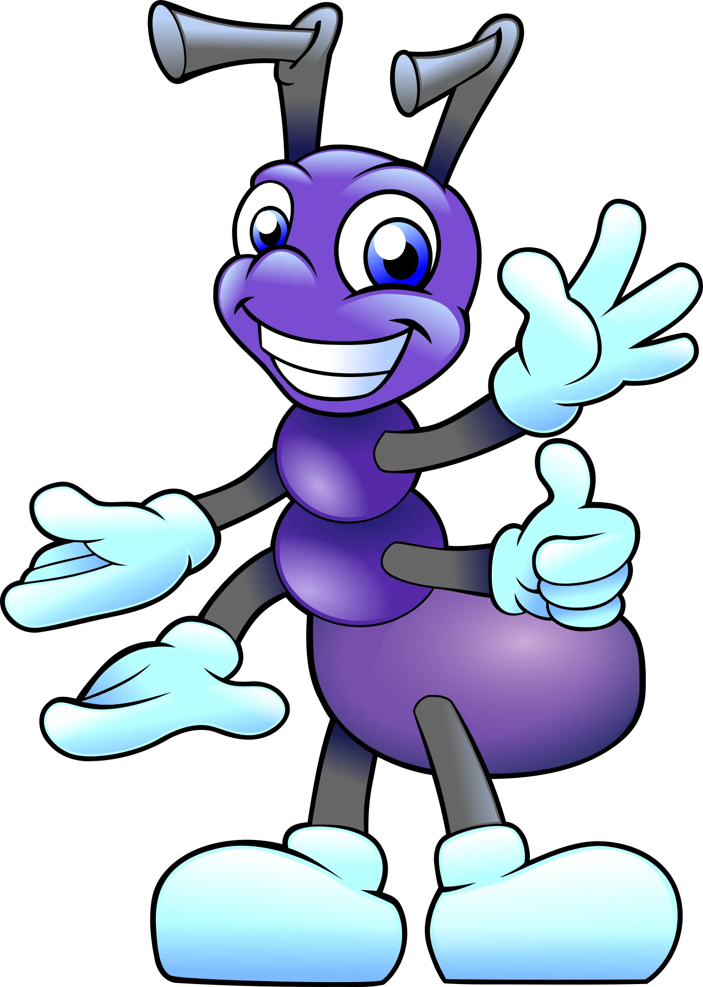 Cheerful Purple Cartoon Ant Clipart with Playful Gesture and Friendly Smile