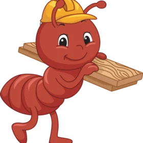 Cheerful Red Carpenter Ant Carrying Wooden Plank - Cute Construction Clipart Design