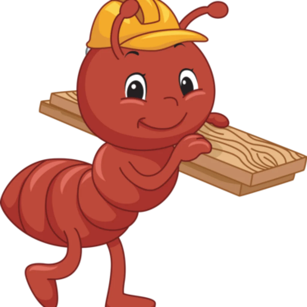 Cheerful Red Carpenter Ant Carrying Wooden Plank - Cute Construction Clipart Design