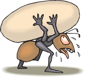 Humorous Cartoon Ant Clipart Carrying Oversized Burden with Comical Struggle
