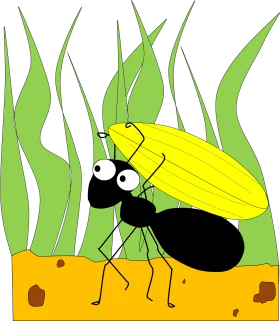 Playful Cartoon Ant Carrying Yellow Leaf Clipart Design for Kids