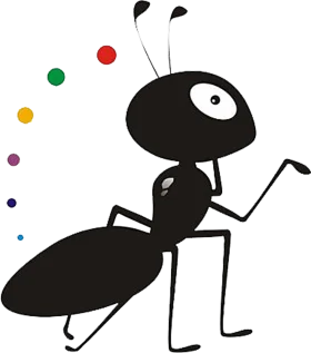 Stylized Black Cartoon Ant Clipart with Whimsical Colored Dot Accents