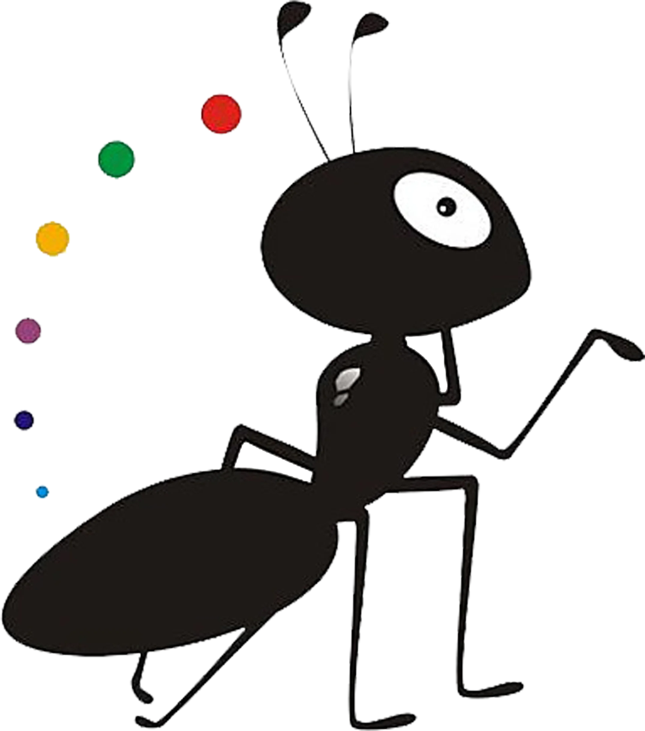 Stylized Black Cartoon Ant Clipart with Whimsical Colored Dot Accents