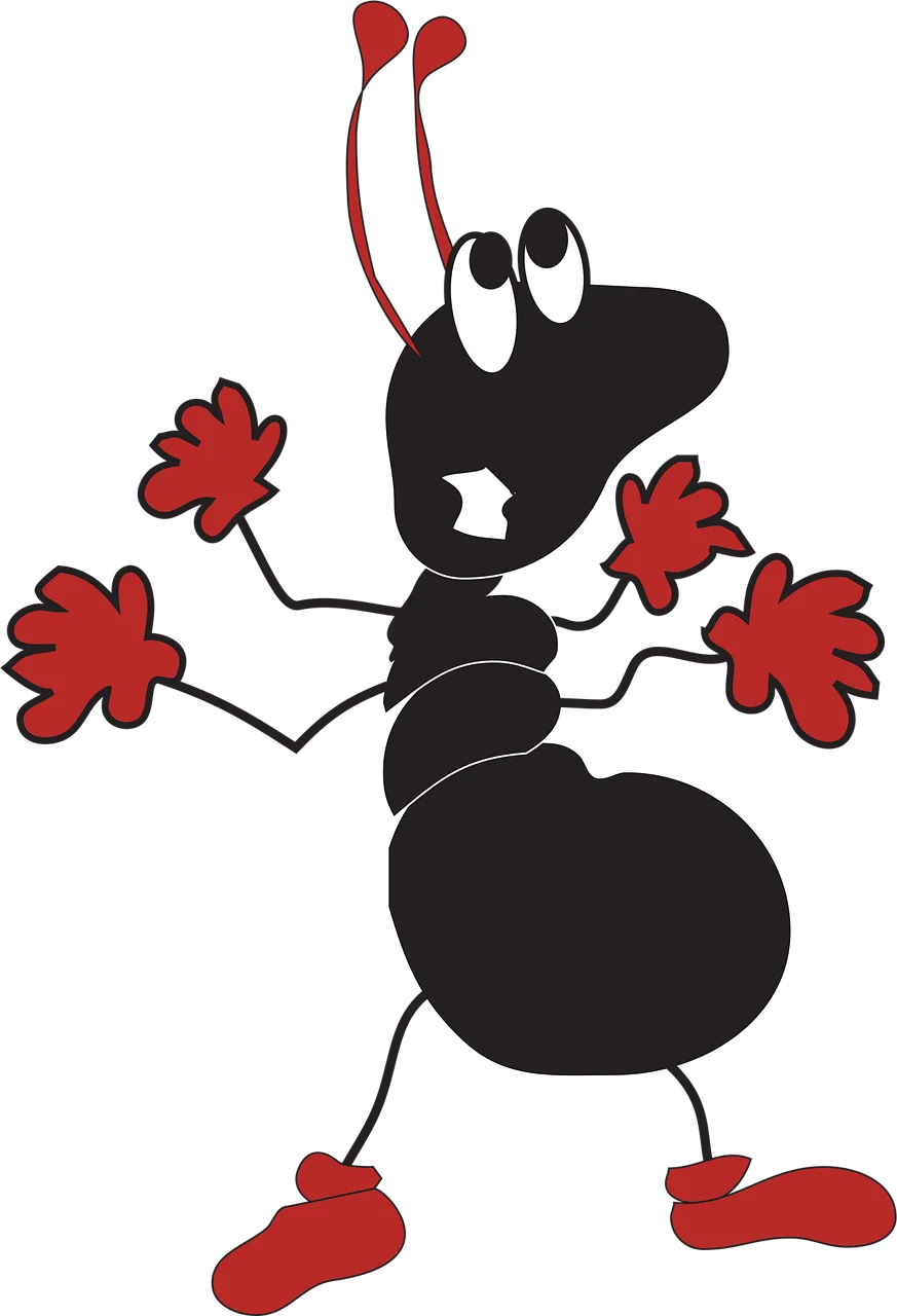 Whimsical Black and Red Cartoon Ant Clipart with Playful Pose and Expressive Design