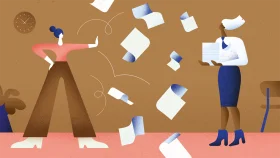 Workplace Dynamics Illustration: Boss and Employee Paper Management Clipart Scene