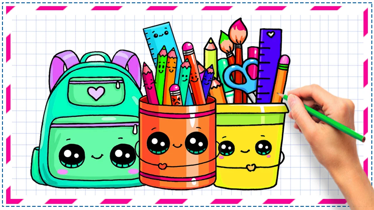 Adorable Kawaii School Supplies Clipart with Cute Cartoon Characters