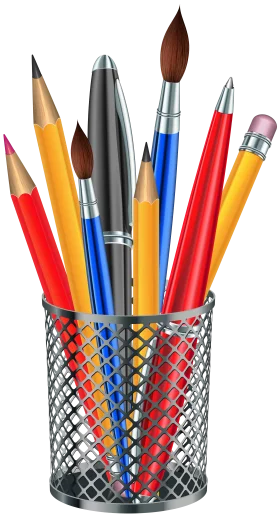 Artistic School Supplies Clipart: Colorful Pencils and Brushes in Metal Holder
