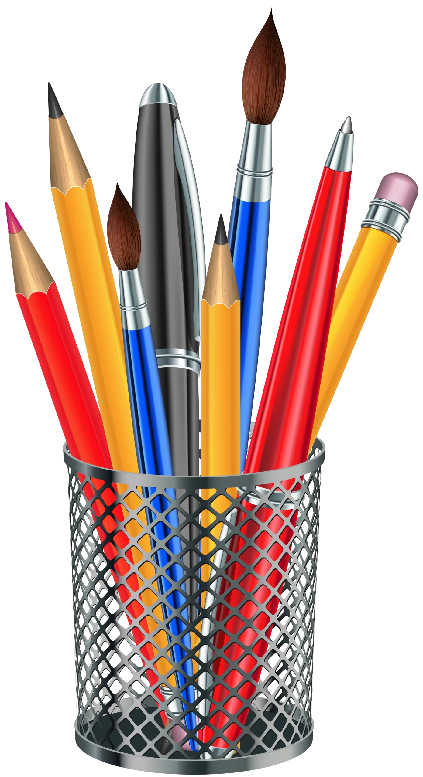 Artistic School Supplies Clipart: Colorful Pencils and Brushes in Metal Holder