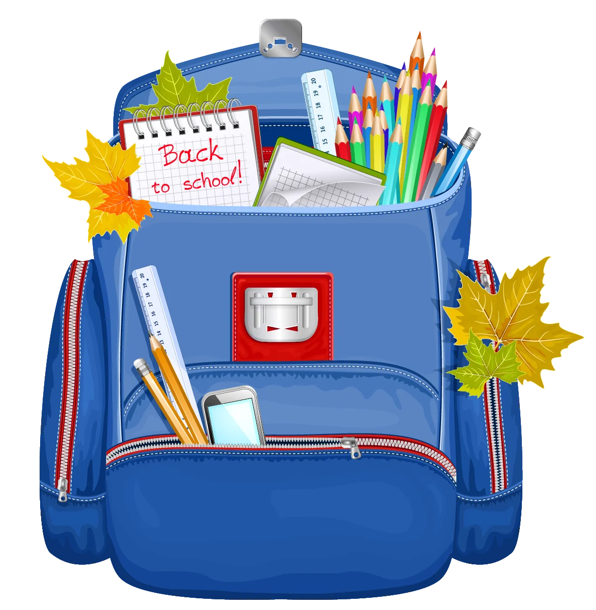 Blue School Backpack Filled with Colorful Educational Supplies Clipart Illustration