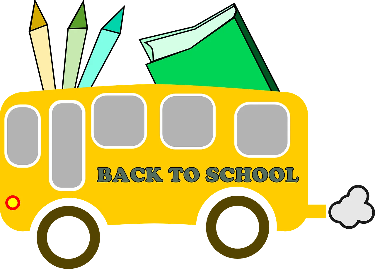 Cheerful Back to School Yellow Bus Clipart with Learning Essentials