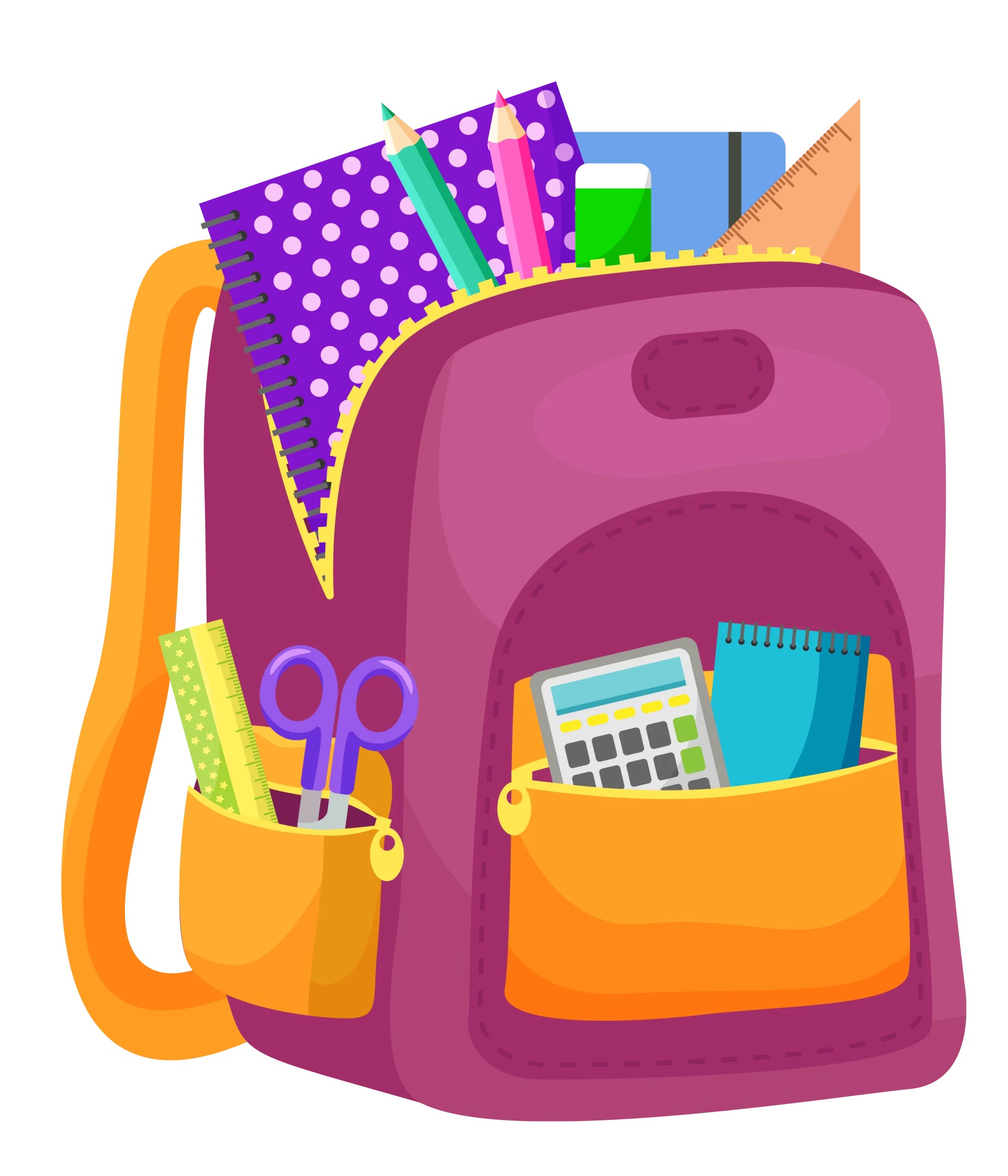 Cheerful School Backpack Clipart with Essential Learning Accessories
