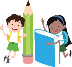 Cheerful School Kids Cartoon Clipart with Learning Essentials and Playful Characters