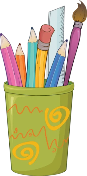 Cheerful School Supplies Clipart: Colorful Pencils and Brushes in Whimsical Container