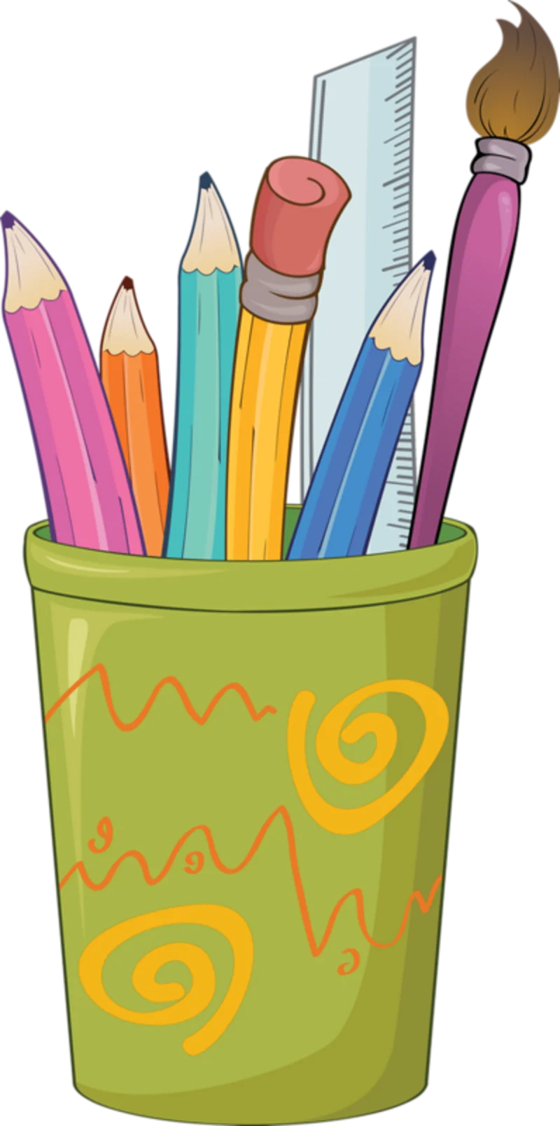 Cheerful School Supplies Clipart: Colorful Pencils and Brushes in Whimsical Container