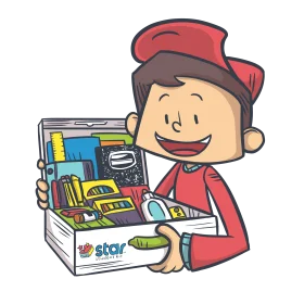 Cheerful Student with Colorful School Supplies Cartoon Clipart Design