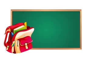 Colorful School Backpack Next to Blank Green Chalkboard Clipart Design