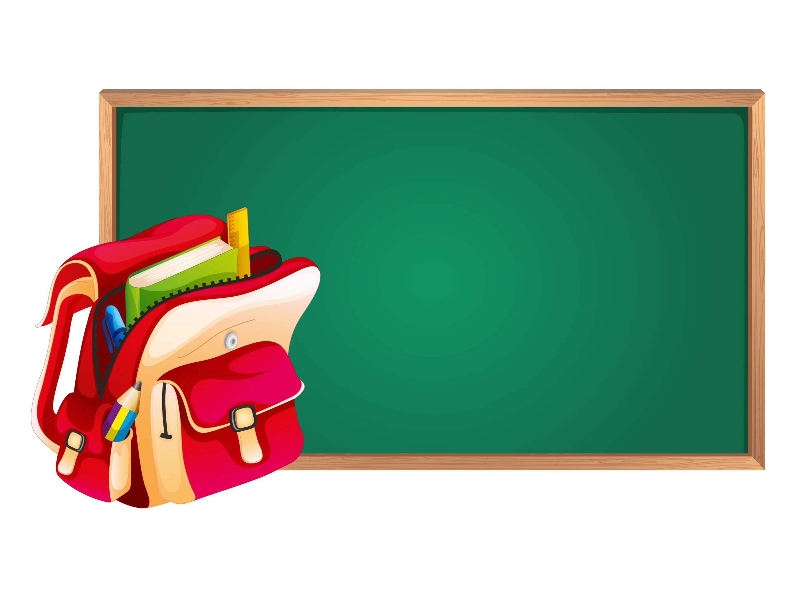 Colorful School Backpack Next to Blank Green Chalkboard Clipart Design