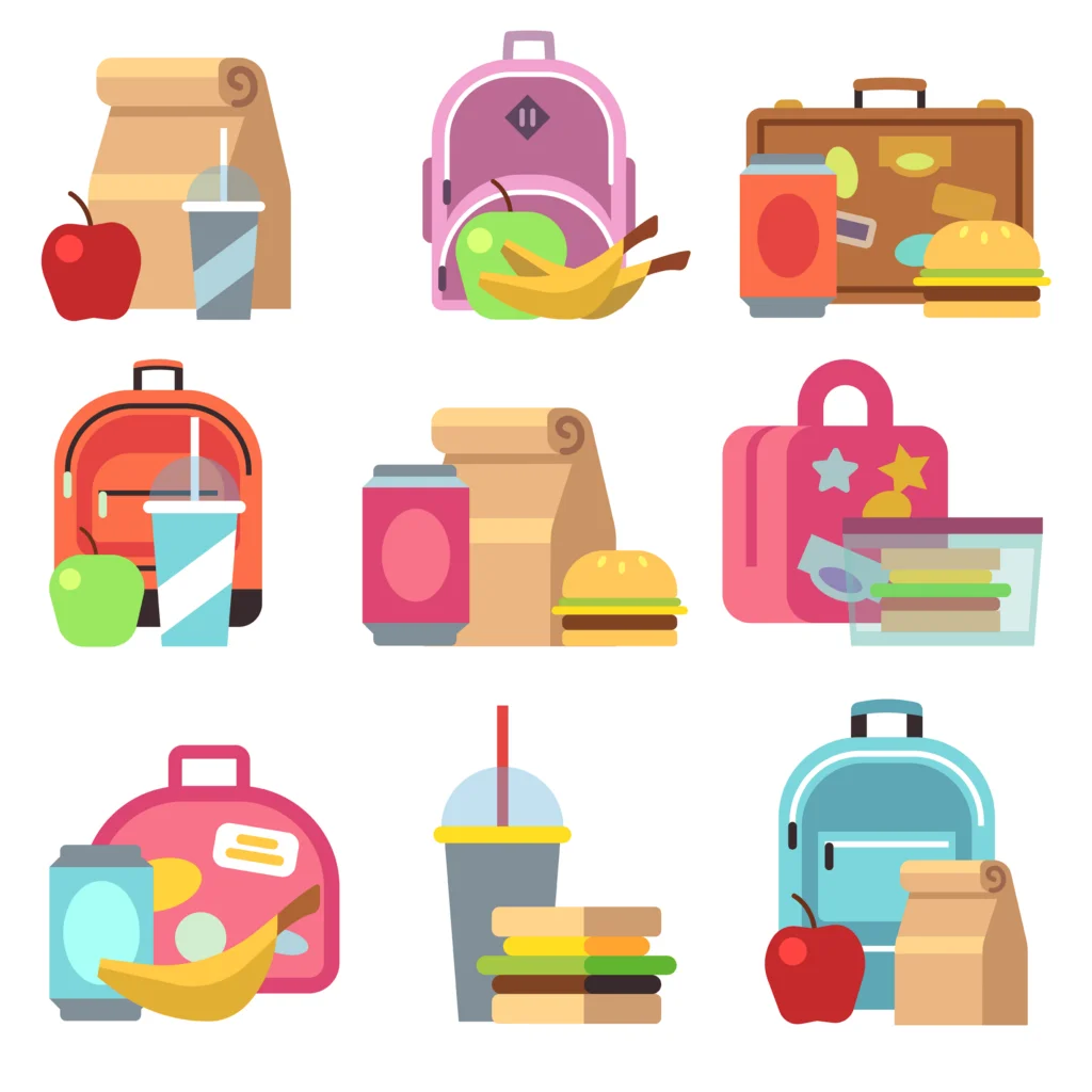 Colorful School Lunch Boxes and Backpacks Clipart Collection for Kids