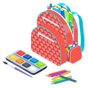 Colorful School Supplies Clipart: Backpack, Watercolor Set, and Pencils