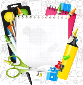 Colorful School Supplies Clipart Frame with Empty Notebook Page Design