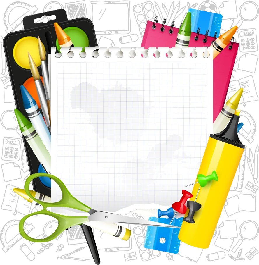 Colorful School Supplies Clipart Frame with Empty Notebook Page Design