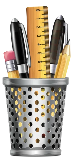 Desk Organization Essentials: School Supplies Clipart with Metal Pencil Holder