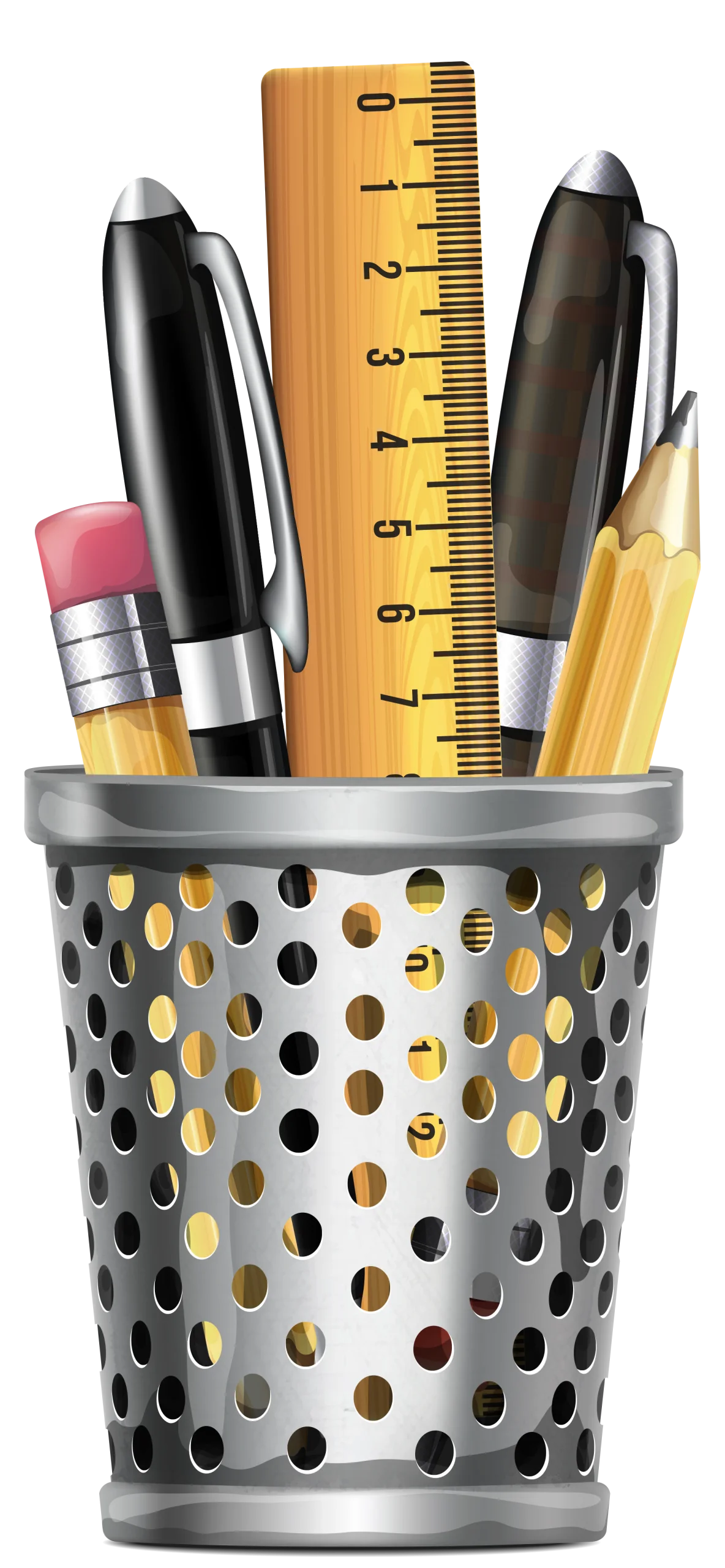 Desk Organization Essentials: School Supplies Clipart with Metal Pencil Holder