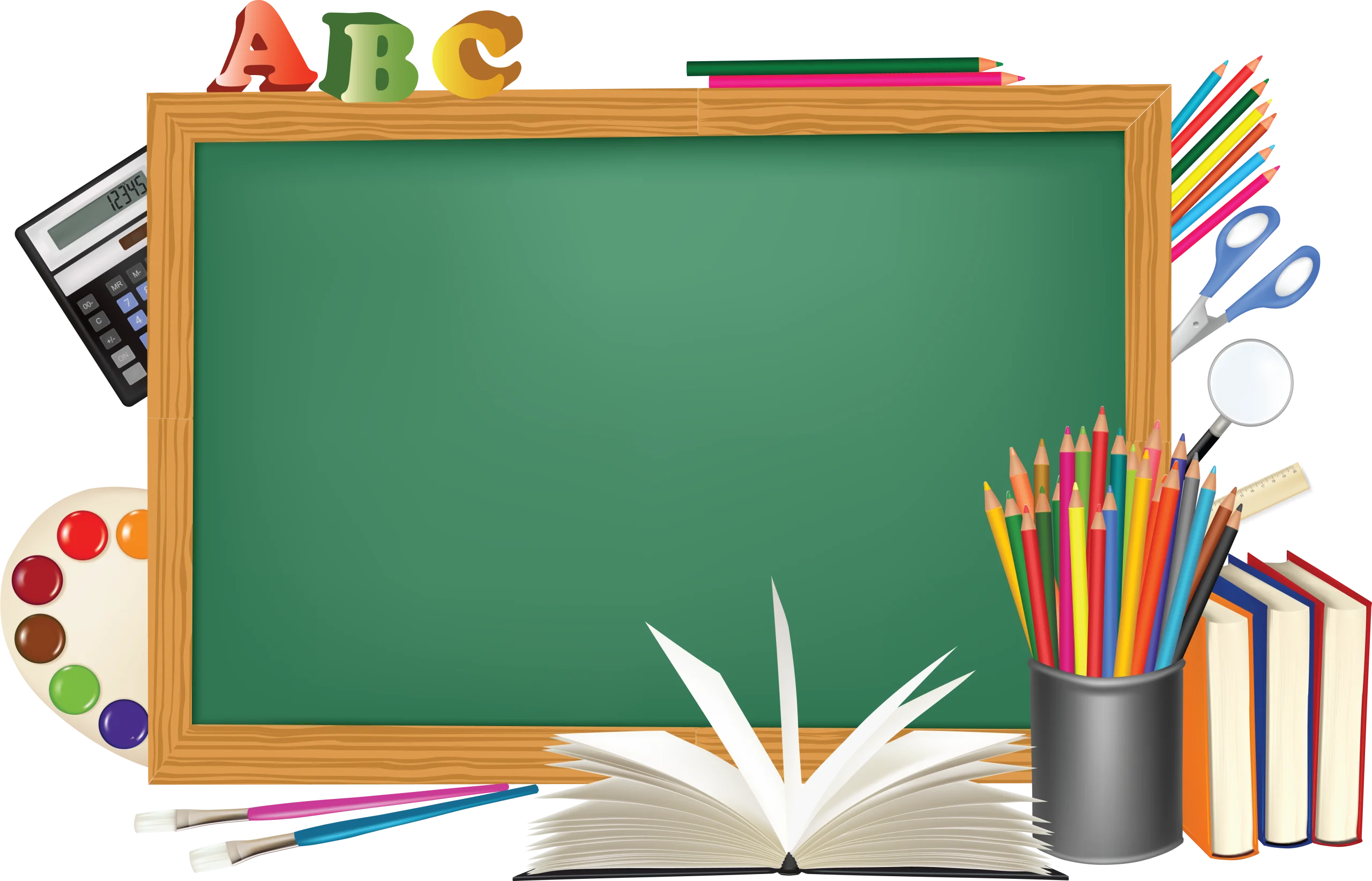 Educational Essentials Clipart: Chalkboard, Books, and Learning Tools Illustration