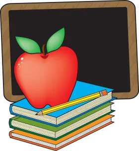 Educational Essentials Illustration: Shiny Apple, Stacked Books, and Blackboard Clipart