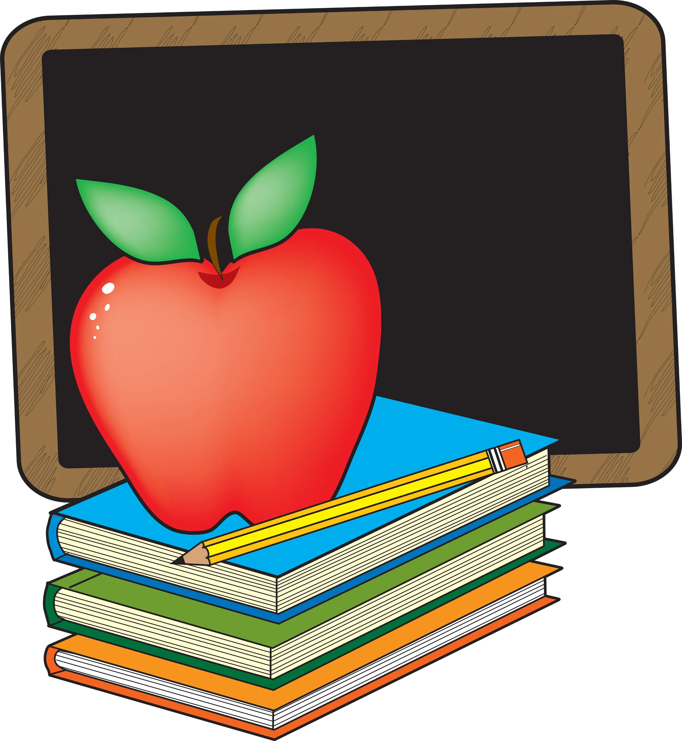 Educational Essentials Illustration: Shiny Apple, Stacked Books, and Blackboard Clipart