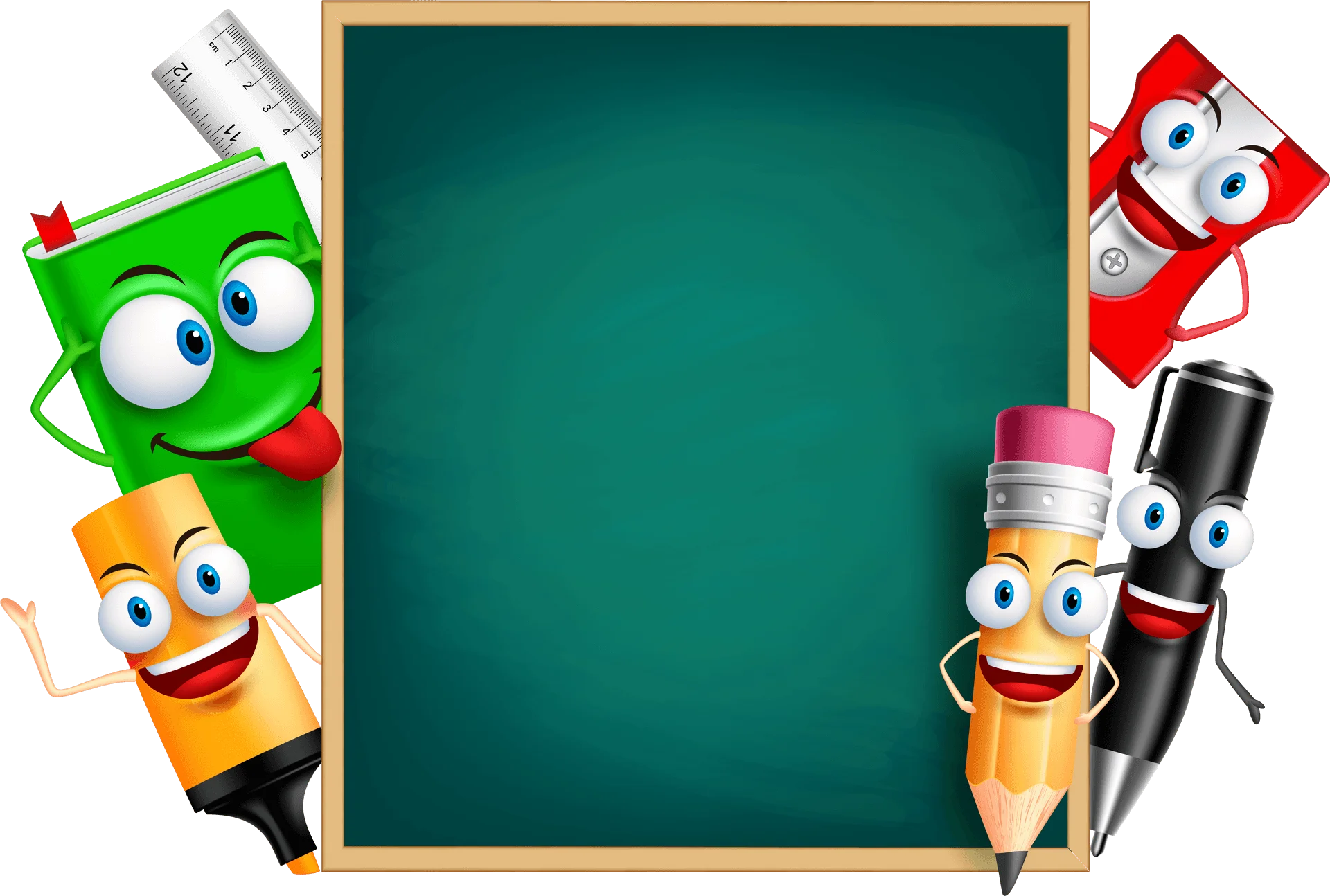 Playful School Supplies Cartoon Characters Surrounding Green Chalkboard Clipart Design