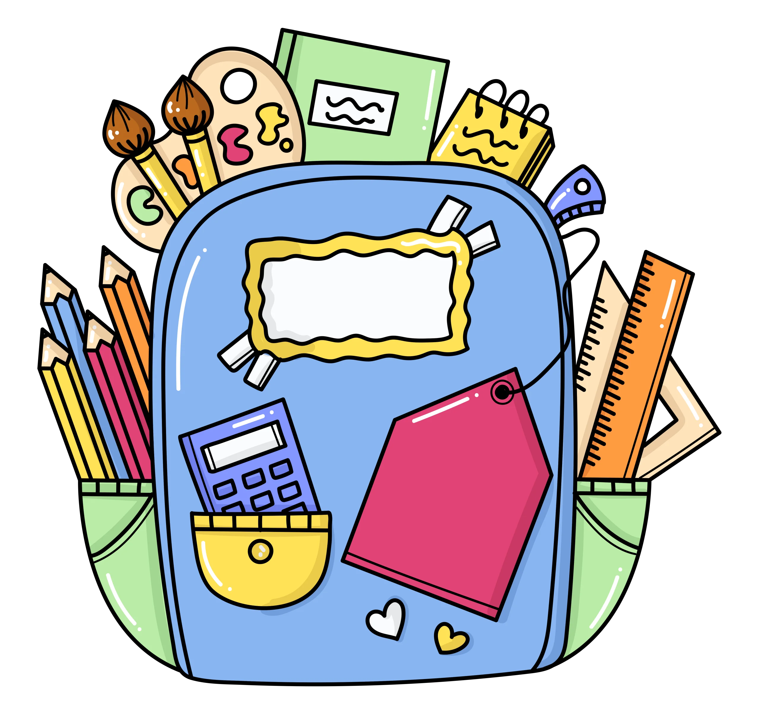 Playful School Supplies Clipart with Backpack and Essential Learning Tools