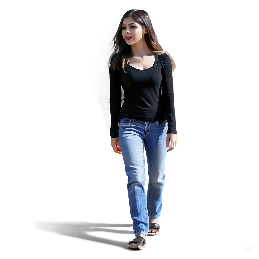 Casual Chic Young Woman Walking Confidently in Denim Clipart Image