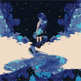 Celestial Solitude: A Dreamlike Ethereal Girl Clipart in Starry Night Landscape