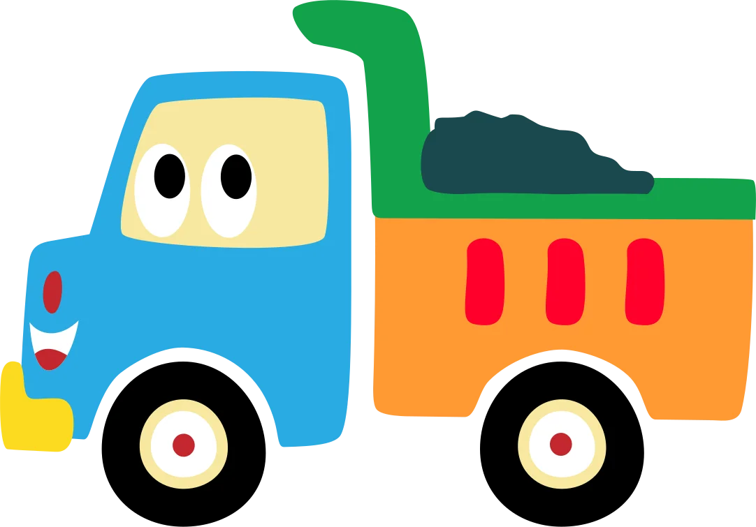 Cheerful Cartoon Dump Truck Clipart: A Playful Transportation Vehicle Illustration