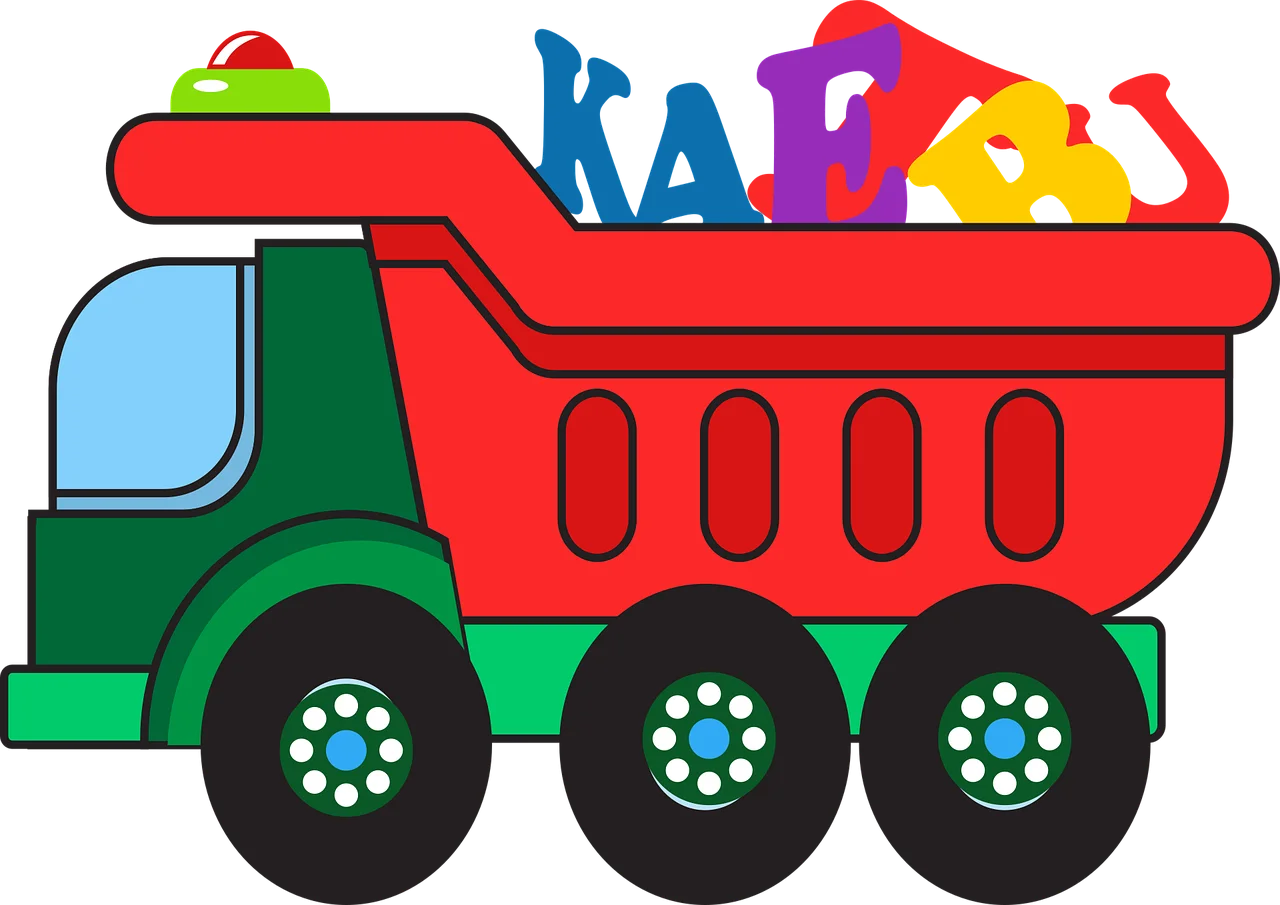 Cheerful Cartoon Dump Truck Loaded with Colorful Alphabet Letters Clipart