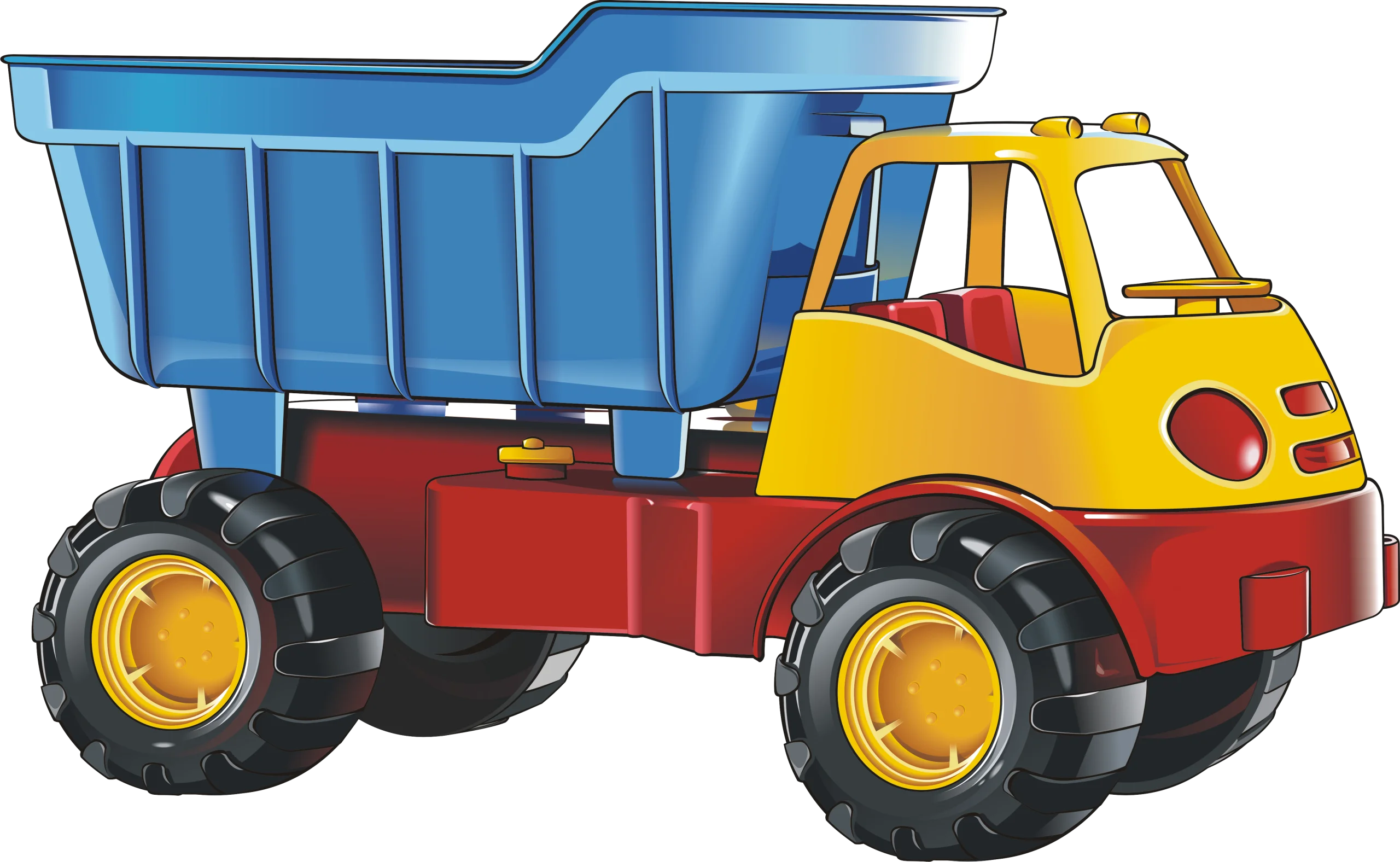 Cheerful Children's Cartoon Dump Truck Clipart with Bold Color Palette