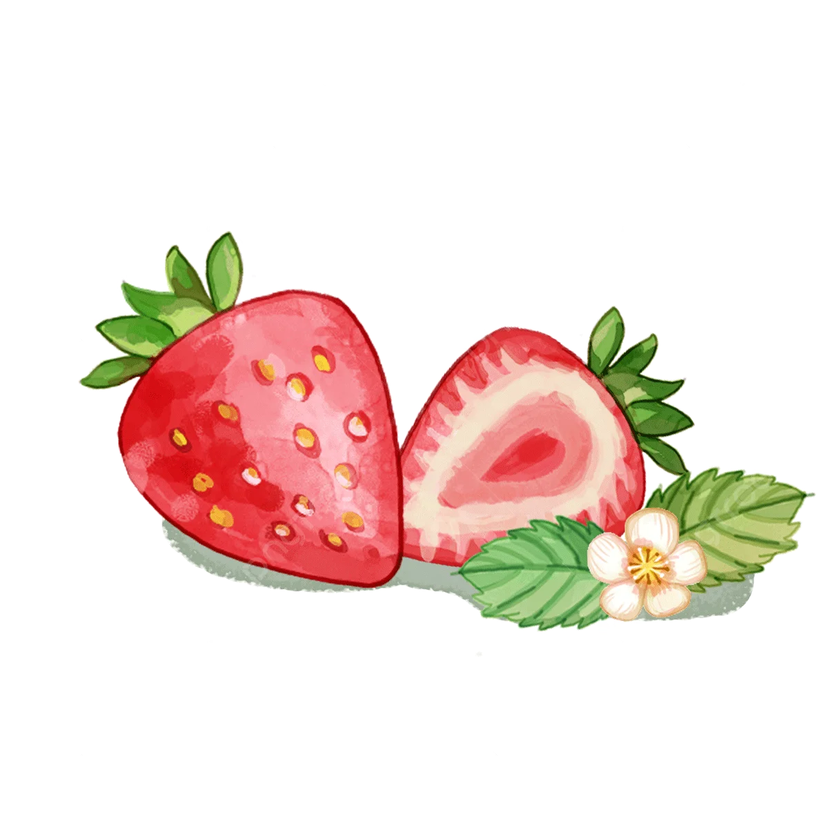 Delightful Watercolor Strawberries Clipart with Soft Green Leaves and Blossom